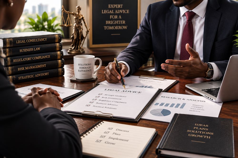 Legal professional reviewing research and advisory documents.