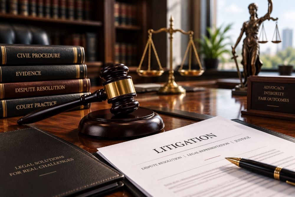 Gavel and legal documents representing litigation and dispute resolution.